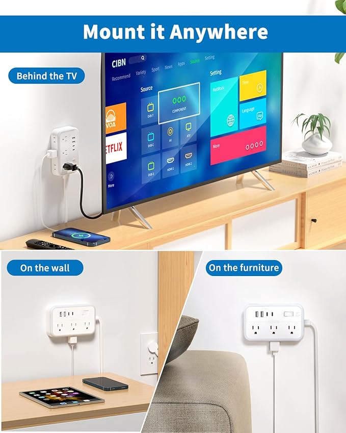 Flat Extension Cord 15 ft, NTONPOWER Power Strip with 6 Widely Outlets 4 USB Ports(2 USB C), Flat Plug, Wall Mounted, Side Outlet Extender for Indoor, Home Office, Dorm Room Essentials