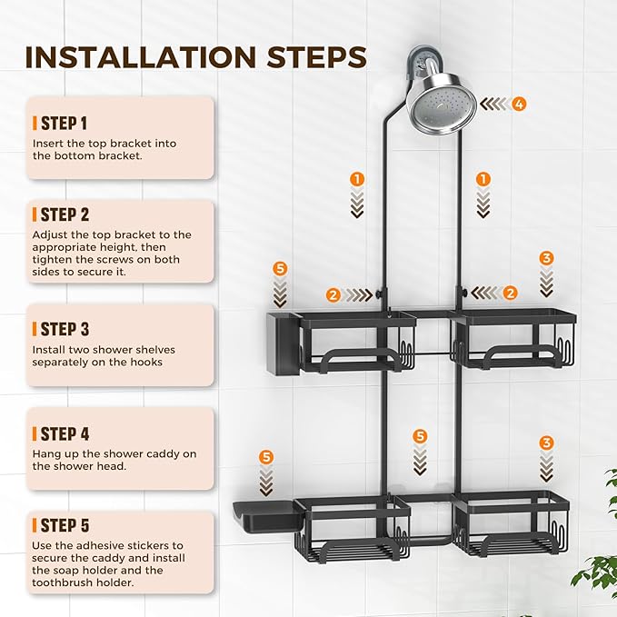 REINHARDT Shower Caddy Hanging for Handheld Showerheads Adjustable Split Shower Caddy, Rustproof Shower Organizer with Hooks for Razors Over the Head Caddy with Soap Holder Bathroom Accessories, Black