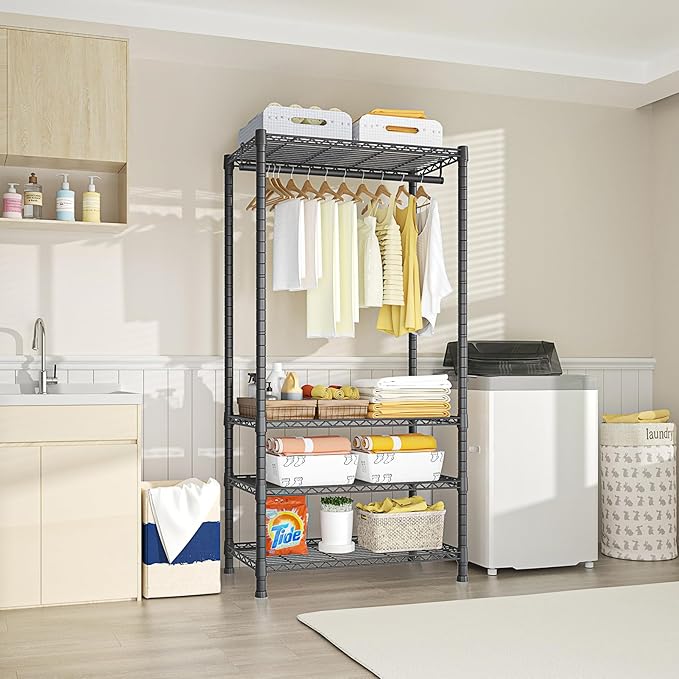 Ulif H2 Heavy Duty Clothes Rack, Freestanding 4 Tiers Garment Rack for Hanging Clothes with Shelves and Hangers, Closet Organizers and Storage Metal Closet Wardrobe System, Max Load 500 LBS, Black