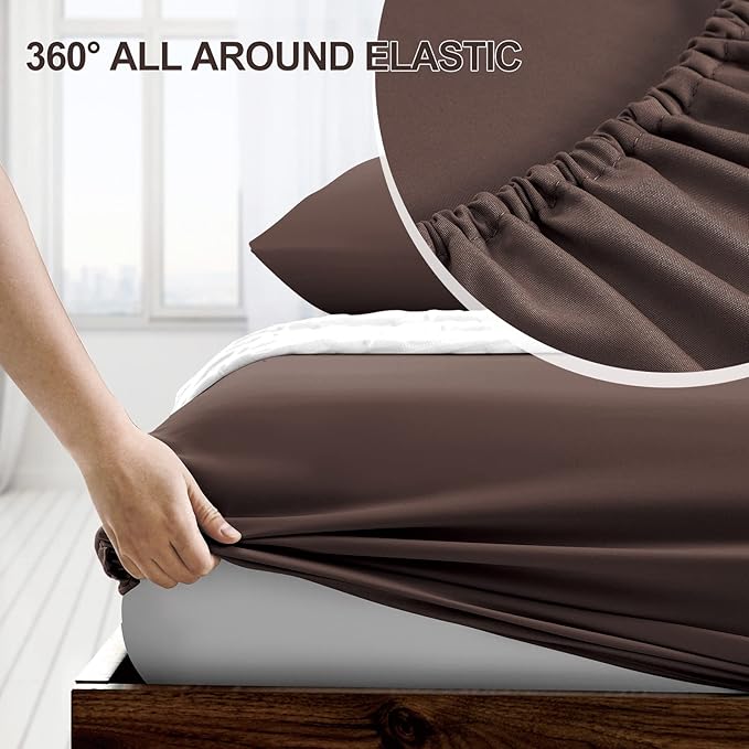 FreshCulture Twin Fitted Sheet - Hotel Quality - Ultra Soft & Breathable - Brushed Microfiber - Deep Pocket - Cooling Fitted Sheet for Twin Size Bed (Brown)