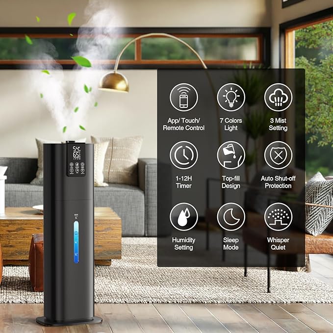 Smart Humidifiers Large Room Bedroom Home, 2.11Gal(8L) Quiet Top Fill Cool Mist Humidifier, Smart App & Remote Control, 3 Speed Humidifier with 360° Nozzle, Humidity Setting for Baby Office