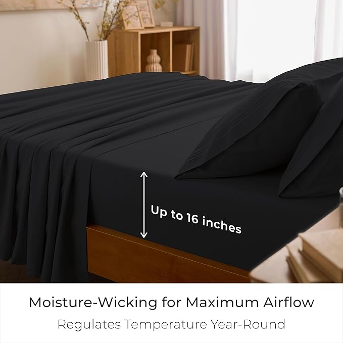 Mellanni Split King Sheet Set - 7-Piece Iconic Collection Bedding, (Including 4 Pillowcases), 16-Inch Deep Pocket, Easy Care, Extra Soft, Cooling Sheets, Brushed Microfiber - Black