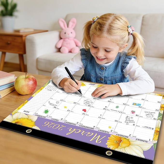 Desk Calendar 2026, Anti-Ink Bleed, Plastic Cover, Ample Space, Through July 2027 with Stickers, 17" x 12" Large Seasonal Wall Calendar 2026 for Home, Office, Student & Teacher Supplies- Flower