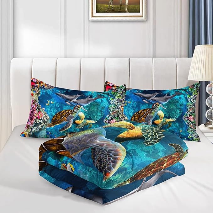 CVHOUSE Kids Teens Ocean Sea Turtle Bedding Set - Twin Size Comforter, Duvet, Quilt Set with Room Decor