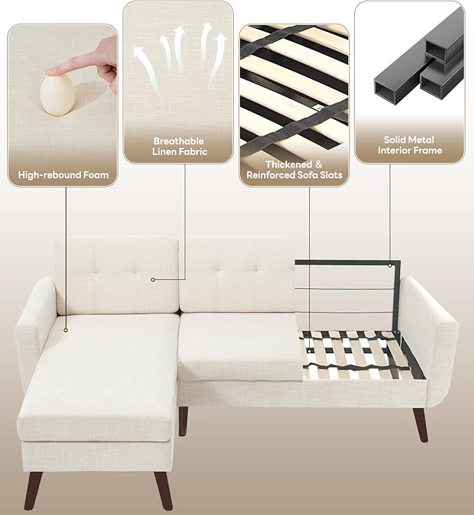 Tbfit L Shaped Couch Sofa, 80" W Mid-Century Modern Sectional Couches, 3 Seater Sofas with Wide Chaise Lounge, Button Tufted Upholstered Sectional Sofa for Living Room, Bedroom, Beige