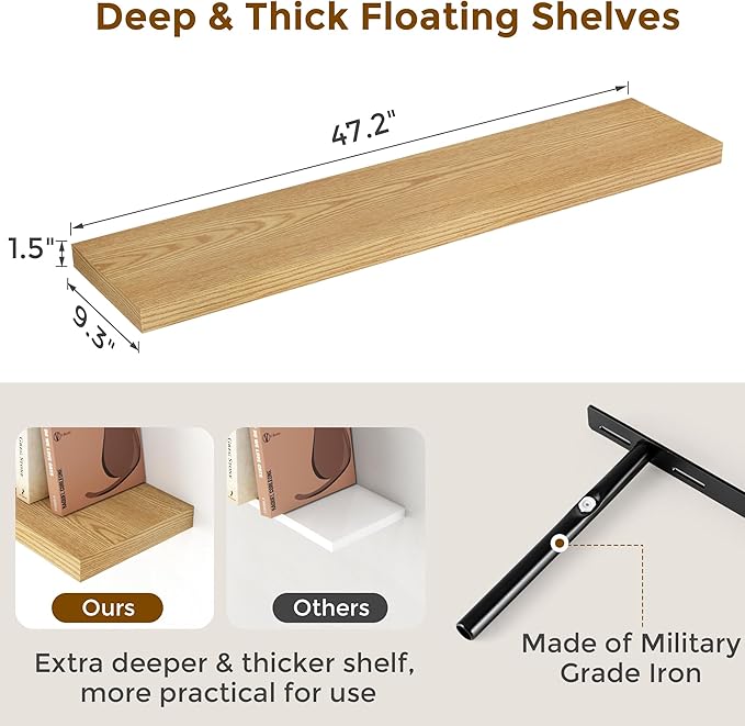 Fun Memories Floating Shelves for Wall, 48 x 9.3 Large Floating Shelf Wall Mounted Set of 2, Rustic Wood Shelves for Bathroom, Kitchen, Living, Heavy-Duty Storage Deep Shelf for Books, Decor, Oak