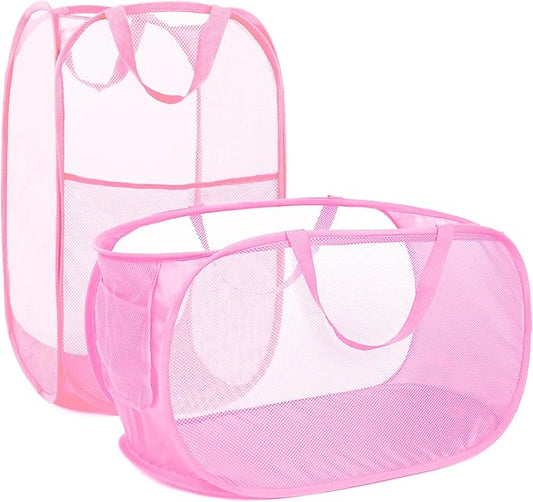 2 Pcs Durable Collapsible Laundry Baskets - Reinforced Mesh Pop Up Laundry Hamper with Pocket, Foldable Dirty Clothes Hamper with Carry Handles for Laundry, Bathroom, Kids Room, Dorm or Travel Pink