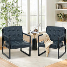 COLAMY Accent Chairs Set of 2, Modern Accent Arm Chairs for Living Room, Comfy Leather Armchairs with Metal Legs for Bedroom Reception Room, Blue