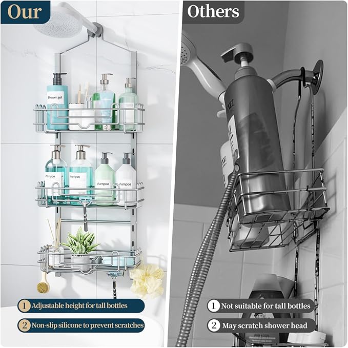 Consumest Shower Caddy Hanging – Rustproof Over Shower Head Hanger with Soap Holder and Hooks, Anti-Slip Shower Shelves for Storage, Bathroom Organizer for Apartment, Dorm, Silver