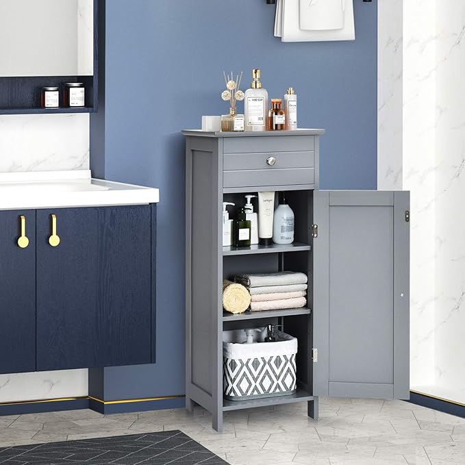 Tangkula Bathroom Floor Cabinet, Wooden Side Storage Cabinet, Freestanding Single Door Bathroom Cabinet with Large Drawer & 2 Adjustable Shelves for Living Room Kitchen (Grey)