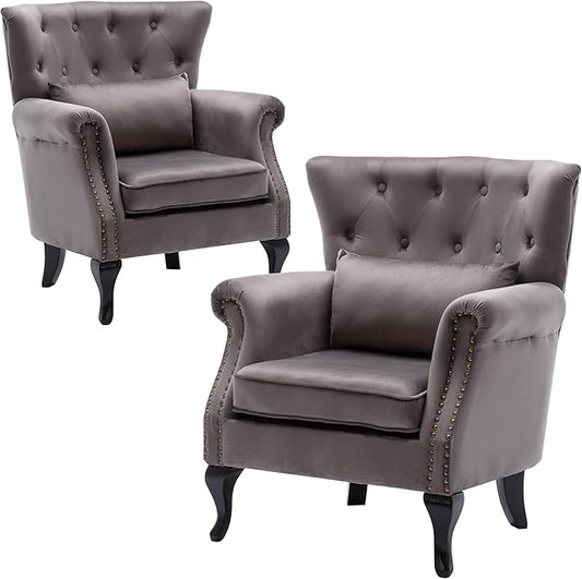 Set of 2 Mid-Century Modern Accent Chair, Velvet Armchair w/Tufted Back/Wood Legs, Upholstered Lounge Arm Chair Single Sofa for Living Room Bedroom, Grey
