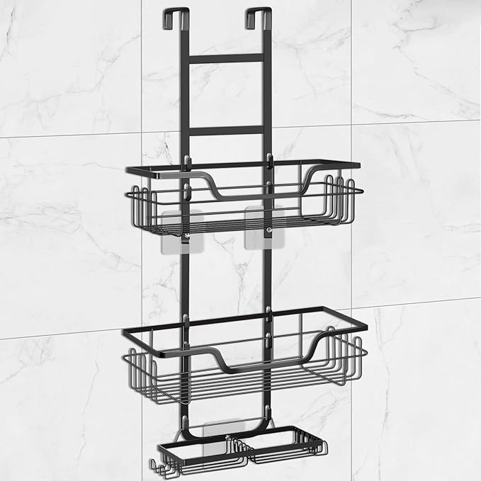 Shower Caddy, Hanging Organizer Rack with Hooks and Adhesives, No Drilling, Rustproof Stainless Steel Bathroom Organizer Bathroom Shower Shelves for Inside Black