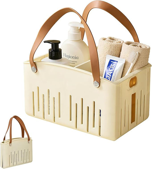 Small Shower Caddy, Shower Basket with Handle and Adjustable Divider, Portable Shower Caddy for Bathhouse, Gym, Camping, Travel (Cream)