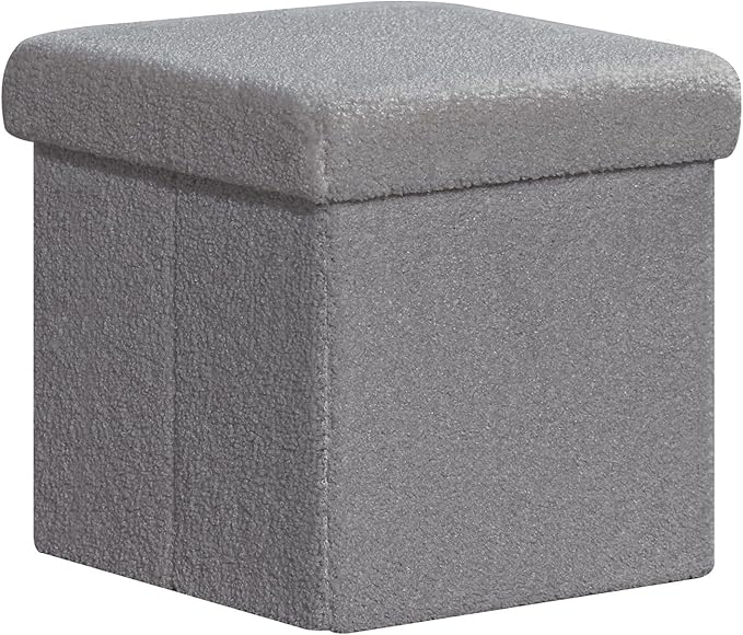 PINPLUS Storage Ottoman Cube Square Shaped Ottomans with Storage Foot Stool Footrest for Lving Room Boucle Ottoman Seat for Dorm Room,Faux Teddy Fur Grey,12.6"x12.6"x12.6"