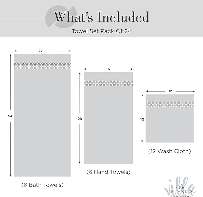 100% Cotton Bath Towel Set of 24-6 Bath Towels, 6 Hand Towels, 12 Wash Cloths, Sustainable, Soft, Highly Absorbent, Combed Cotton 24 Piece Set for Hotels, Spa, Bathroom, Dorm, White