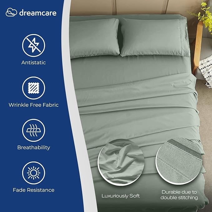 DREAMCARE Full Size Sheets Set - 4 Pcs Cooling Bed Sheets with Up to 15" Deep Pockets - Soft, Long-Lasting 100% Brushed Polyester with Side Pocket (Sage Green) DREAMCARE