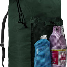 Laundry Bag with Shoulder Straps and Mesh Pocket Laundry Backpack Large Portable Laundry Hamper for College Laundromat Apartment (Green)
