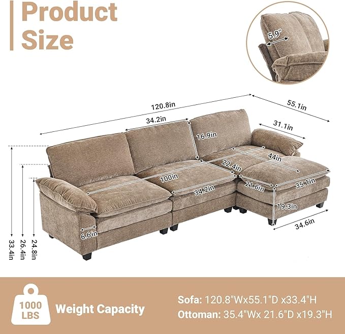 VINGLI Convertible Modular Sectional Sofa with Deep Seat & Movable 2-Layer Ottoman, L-shape Cloud Sofa with Chaise &Armrests, Oversized 3-Seater Couch for Living Room & Apartment, Chenille,Light-Brown