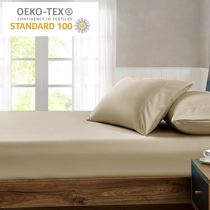 FreshCulture King Fitted Sheet Only - Hotel Quality Ultra Soft & Breathable Brushed Microfiber Fitted Sheet with 21 Inch Deep Pockets - Fits King Size Bed (Beige)