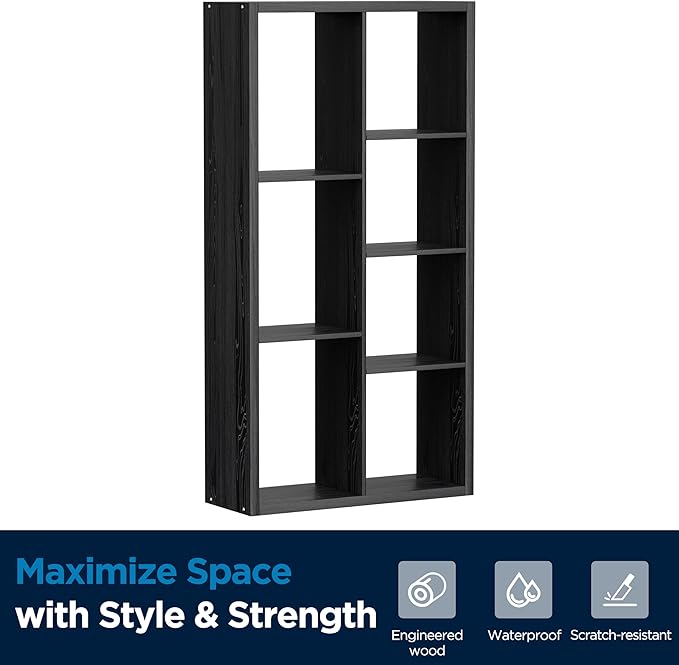 7 Cube Storage Organizer, Cube Shelf with Heavy-Duty Thick Boards, 25.12" L x 9.37" W x 48.74" H, Smooth Easy-Clean Panels, Simple Assembly, for Living Room Bedroom Office, Black