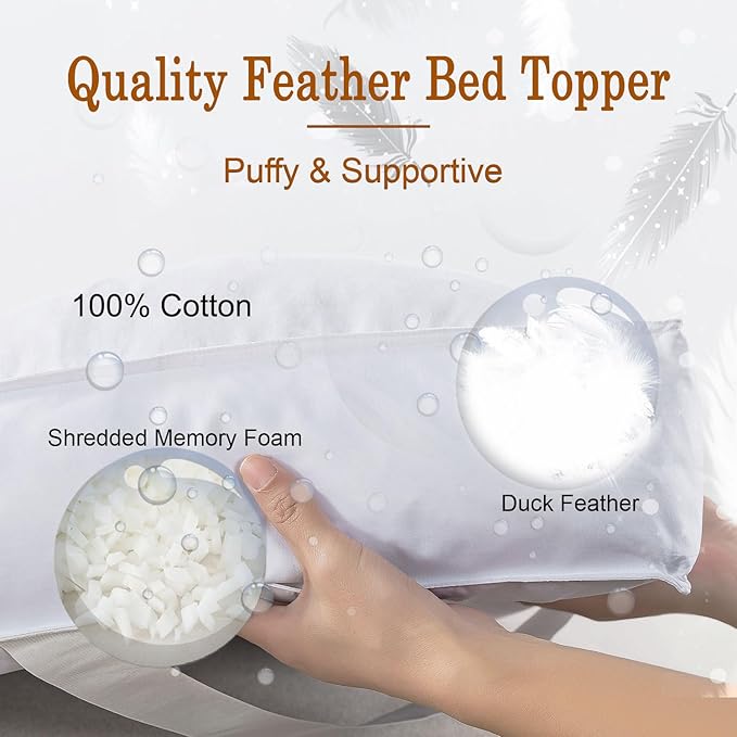WhatsBedding Duck Feather Bed Mattress Topper, 100% Cotton Memory Foam Mattress Topper, 2500GSM Overfilled Pillow Top, Hotel Collection