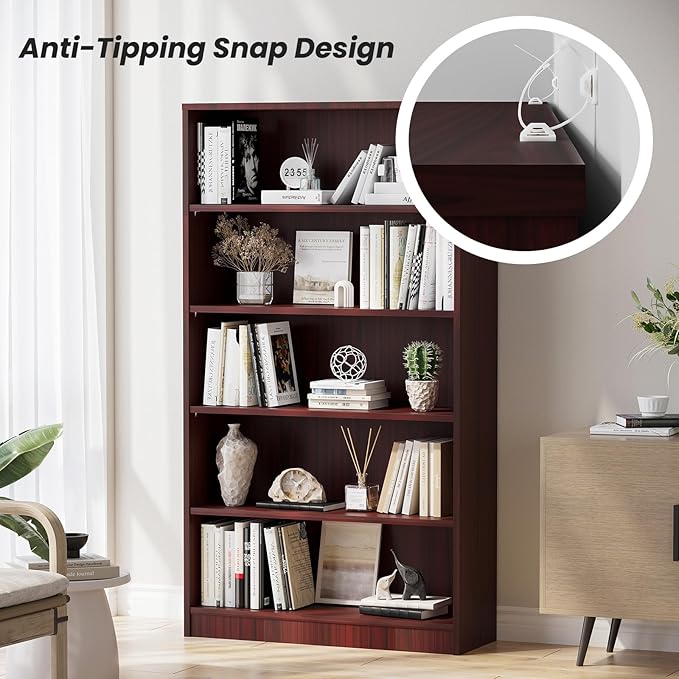 Farini 5 Shelf boockase Display Bookcase Freestanding Wooden Bookshelves for Home Office Living Room,60 Inch Height,Mahogany