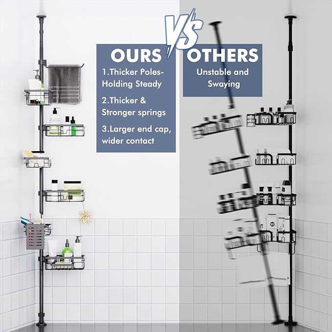 Shower Caddy Organizer Tension Pole, Rustproof 6-Pack Corner Shelf with 30-120 Inch Adjustable Shower Rack for Inside Shower, Extra Towel Bar & Soap Dish for Bathroom Organizers and Storage, Black