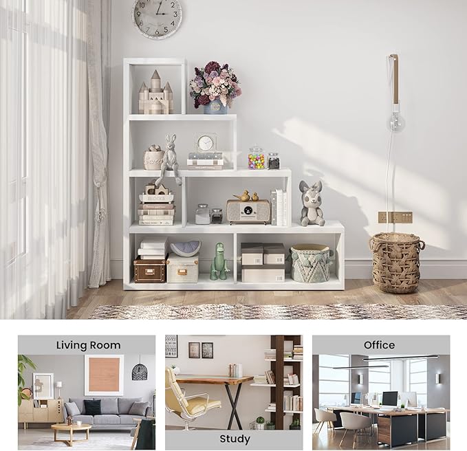 Tangkula 6 Cubes Bookshelf, Freestanding 6-Cube Stepped Etagere Bookcase, L Shaped Ladder Corner Open Bookshelf, Wood Storage Display Shelf for Living Room Home Office, 61 x 11.5 x 64 Inch (White)