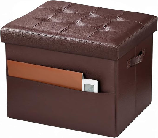Storage Ottoman Foot Rest Stool, Small Leather Storage Ottomans Bench, Folding Foot Stool with Handles Lid, Foot Rest Under Desk for Living Room Bedroom, 17x13x13 in, Brown