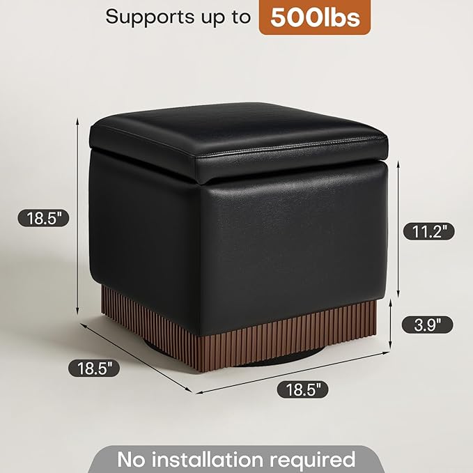 Square Ottoman with Storage,Swivel Vanity Stool-Faux Leather Foot Rest,Upholstered Footstool Pouf with Sturdy Acacia Wood Frame(500lbs),Small Coffee Table & Hidden Storage for Living Room