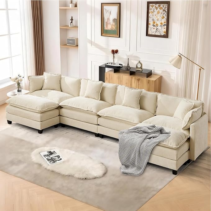 SoarFlash 149.61" Chenille Sectional Sofa, Comfy U Shaped Modular Coush Sofa with Ottoman, Modern 4 Seat Couch Deep Seat Sofa Set for Living Room,Beige