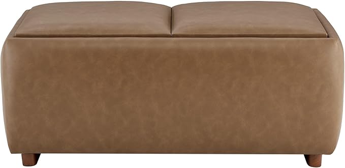 CHITA Storage Ottoman with Tray Lids, FSC Certified Small Rectangular Bench for Living Room, Bedroom, Faux Leather in Saddle Brown