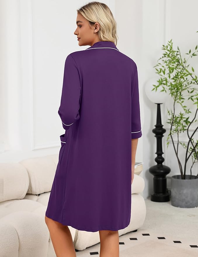 Ekouaer Zipper Robes for Women 3/4 Sleeve Housecoats Knee Length Bathrobe Lightweight Nightgown with Pockets S-3XL