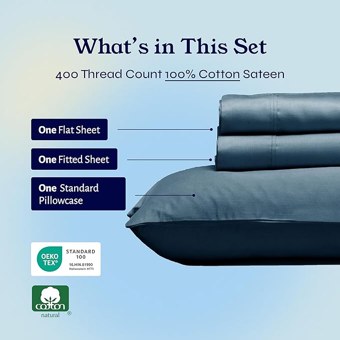 California Design Den Soft Twin Sheets Set - 400 Thread Count Sateen, Natural 100% Cotton Sheets, Deep Pockets, and Durable Bedding Set for Dorm Rooms & Adults - Peacock Blue CaliforniaDesignDen