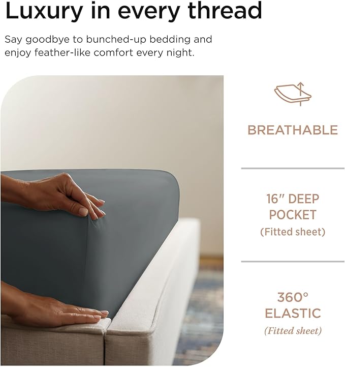 Threadmill 100% Cotton Sheets for Cal King Size Bed - 600 Thread Count Cal King Bed Sheets Set with 16” Deep Pocket - Sateen Weave 4-Piece Bedding Set with Cooling Effect, Dark Grey