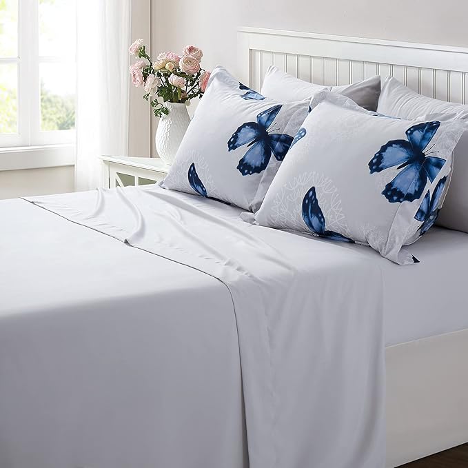 ARTALL Butterfly Pattern Bed in A Bag Bedding 8 Piece King Comforter Sets 1 Comforter, 2 Pillow Shams, 1 Flat Sheet, 1 Fitted Sheet, 1 Bed Skirt, 2 Pillowcases,Blue
