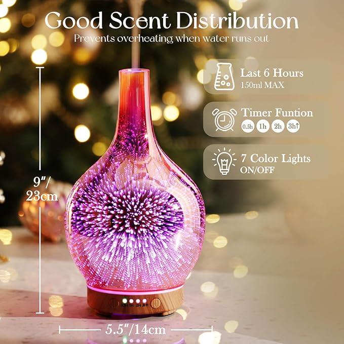 Porseme Rose Gold Essential Oil Diffuser 3D Glass Aromatherapy Ultrasonic Humidifier, Waterless Auto-Off, Timer Setting, BPA Free, Air Refresh for Home Hotel Yoga Leisure SPA Gift 150ml