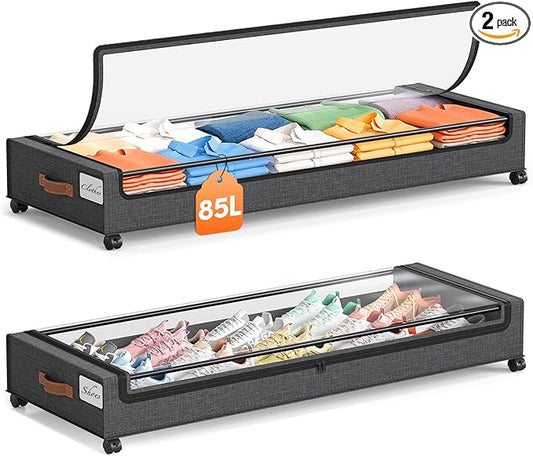 Yecaye Under Bed Storage with Wheels 2 Pack, 85L Extra Large Under Bed Storage Containers with Metal Frame & Clear Lid, Rolling Underbed Organizer Bins Drawers for Clothes, Shoes, Blankets, Hemp Grey