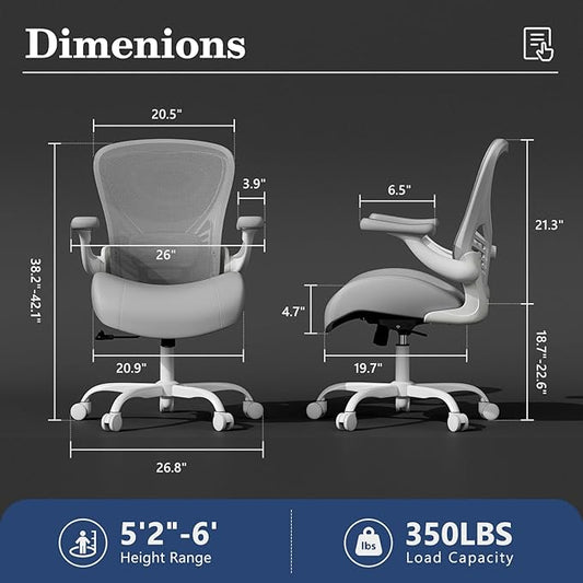 GYI Office Chair Ergonomic, Computer Desk Chair with Memory Foam Seat, Technical Mesh Back, 3D Flip-up Arms, Adjustable Lumbar Support&Height, Wheels for Home or Office, Grey&White