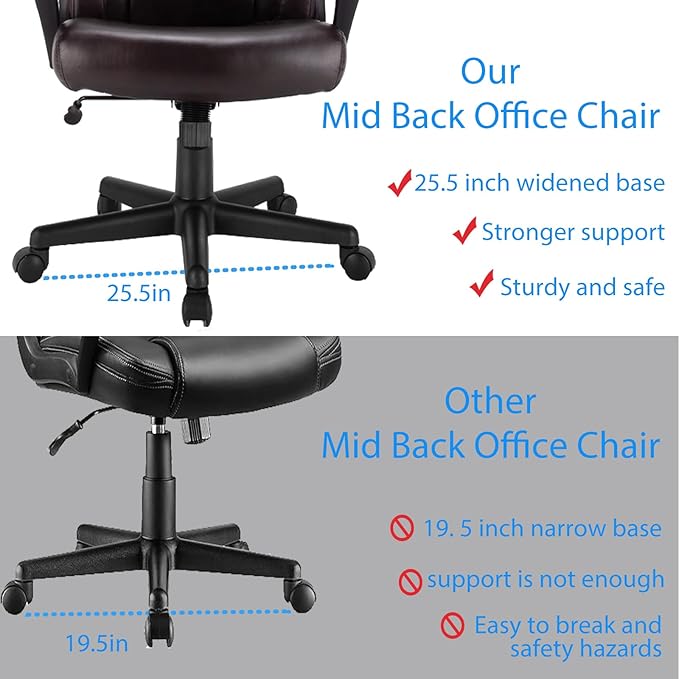 POWERSTONE Leather Executive Chair with 4in Thickened Cushion, Ergonomic Mid Back Office Desk Chair with Soft Padded Armrests for Home, Study and Office(Brown)