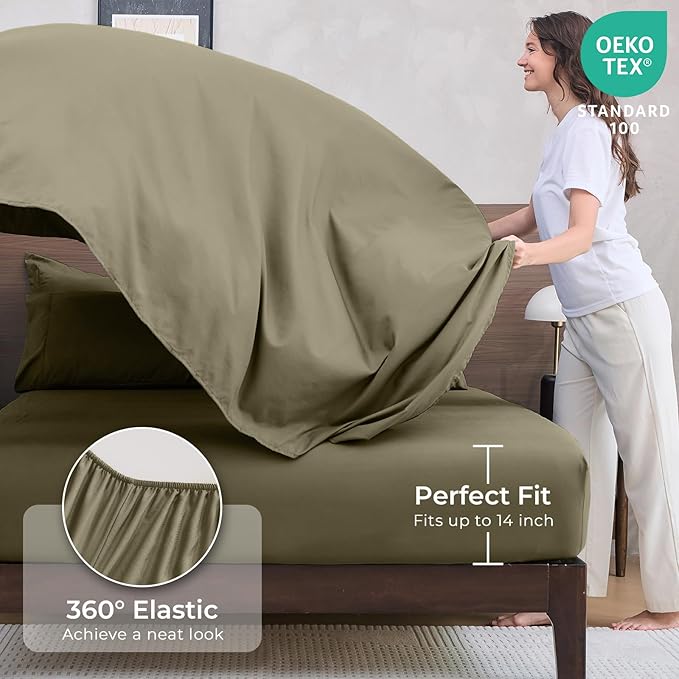 HEVUMYI Olive Green Queen Comforter Set - 7-Piece All Season Bed in a Bag Queen, Ultra Soft Bedding Set with Comforter, Flat Sheet, Fitted Sheet, Pillowcases, Pillow Shams, Olive Green
