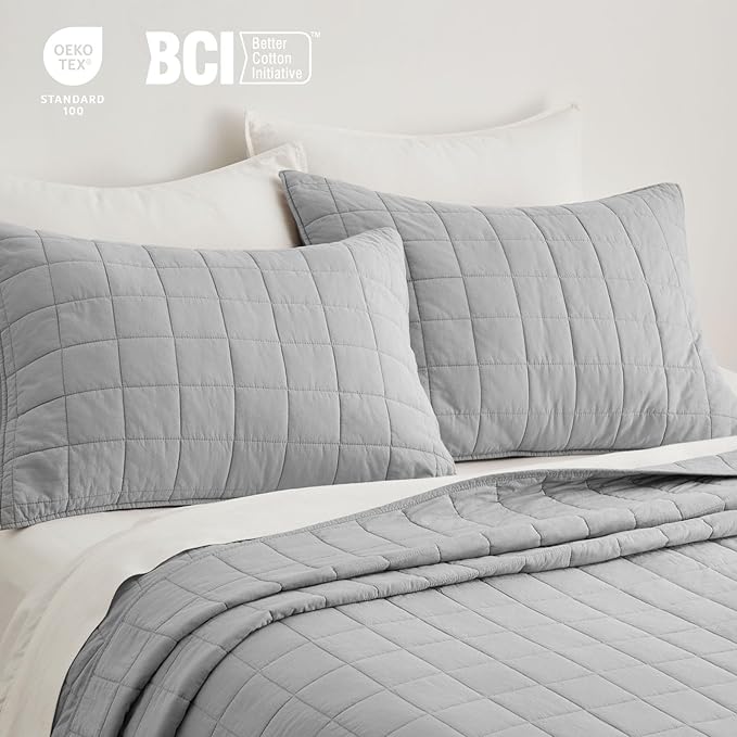 EVERGRACEHOME 100% Cotton Box Stitch Quilt Bedding Set Queen Size 3 Pieces, Garment-Washed Lightweight Soft Cozy Coverlet, Quilted Bedspread Sets with 2 Shams for All Season, Fog Gray