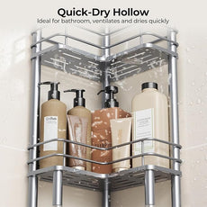 Orimade Rustproof 3 Tier Floor Standing Corner Shower Caddy Organizer with Toothbrush Holder, Large Spacing Floor Shower Shelf Rack Storage Stands with Hooks for Bathroom Kitchen, Silver