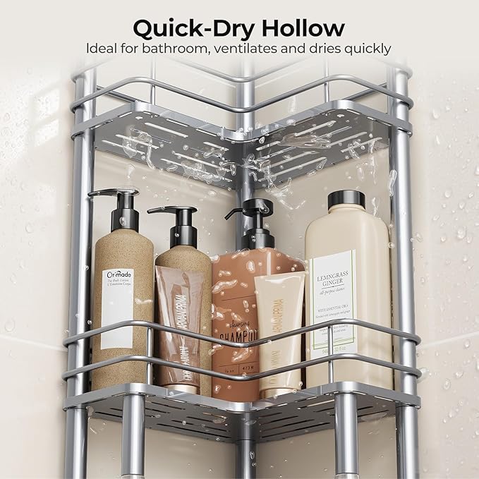 Orimade Rustproof 3 Tier Floor Standing Corner Shower Caddy Organizer with Toothbrush Holder, Large Spacing Floor Shower Shelf Rack Storage Stands with Hooks for Bathroom Kitchen, Silver