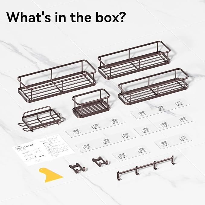 YASONIC Shower Caddy, 6 Pack Large Capacity shower Organizer with Soap Holder and 12 Hooks, Rustproof Shelves for Inside Shower, No Drilling&Sleek Bathroom Organizers and Storage Bronze