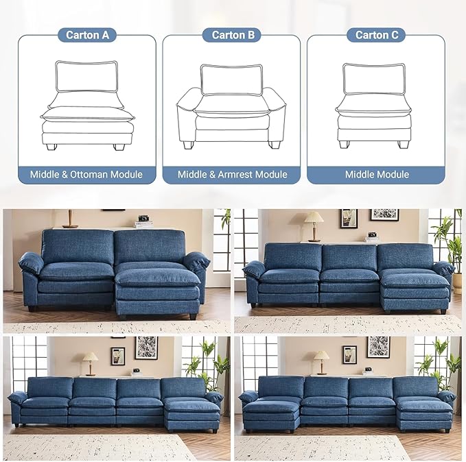 VINGLI 121" Cloud Linen Couch, Comfy Modular Sectional Sofa Set for Living Room,Modern 3-Seat Convertible Loveseat Sofa with 1 Ottoman for Small Space, Blue
