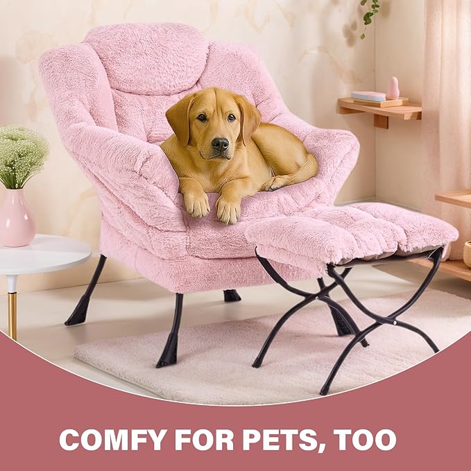Tiita Lazy Chair with Ottoman, Modern Large Accent Lounge Armchair, Comfy Leisure Sofa Reading Chair with Footrest for Bedroom, Living Room, Dorm Rooms, Garden and Courtyard, Plush Pink