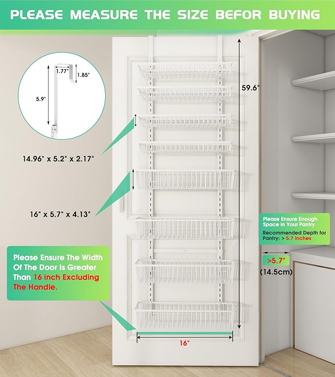 Over The Door Pantry Organizer, Pantry Organization and Storage, 8-Tier Deep Baskets Hanging Heavy-Duty Metal, Wall Spice Rack Seasoning Shelves for Home & Kitchen, Laundry Room Bathroom, White