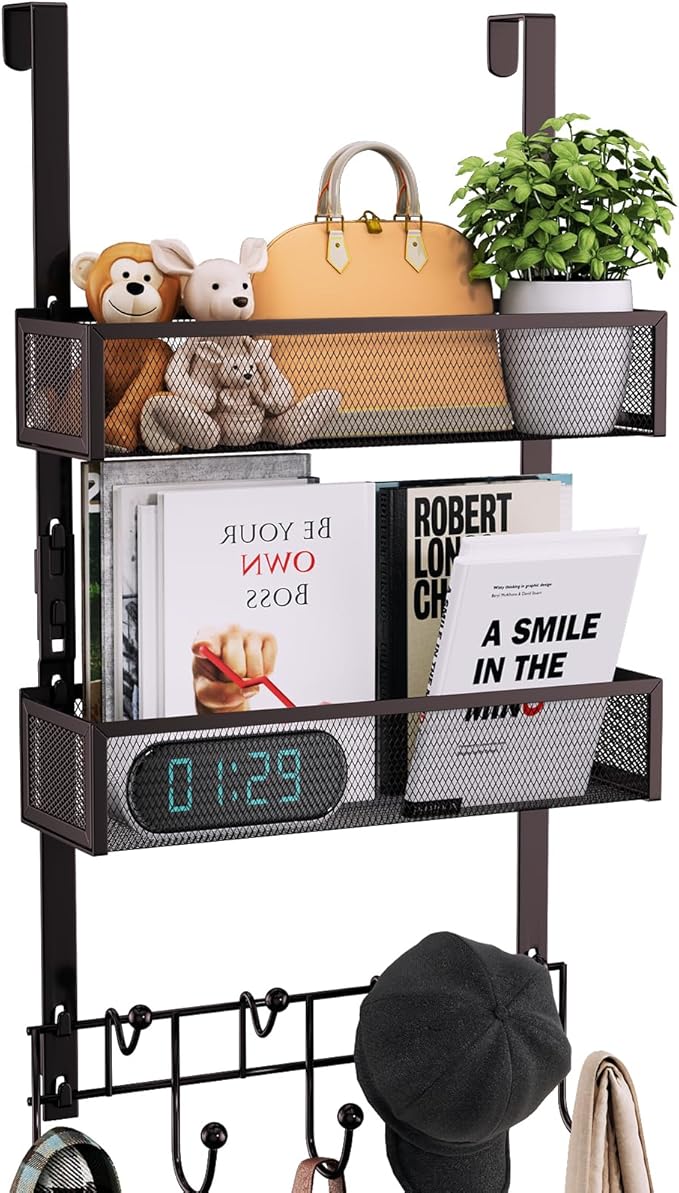 Consumest Over The Door Hooks Organizer - Extra Long Door Hanger with 9 Coat Hooks & 2 Mesh Basket, Back Storage Organizer Hanging Towels for Bathroom, Bedroom, Bronze (for 1.76in Doors)