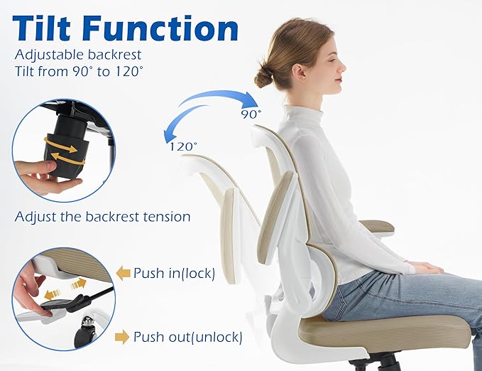 TRALT Ergonomic Office Chair - Desk Chair with Adjustable Lumbar Support Computer Chair - Mesh Comfy Chair with Flip-up Armrests - Gaming Chairs for Adults Home Office (PU Leather, Khaki)